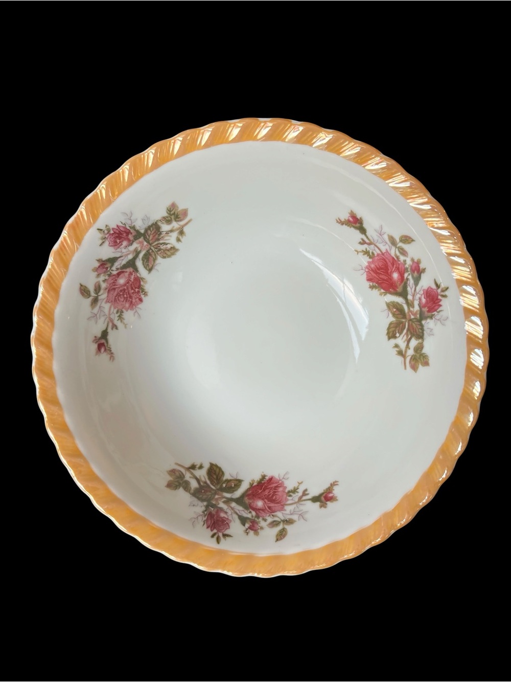 Vintage Japan Porcelain Serving Bowl 8” Coral Peach Lusterware Rim Red Roses